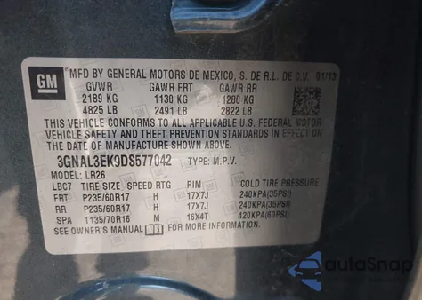 2013 Chevrolet Captiva Sport Lt z USA, uszkodzony, nr VIN 3GNAL3EK9DS577042